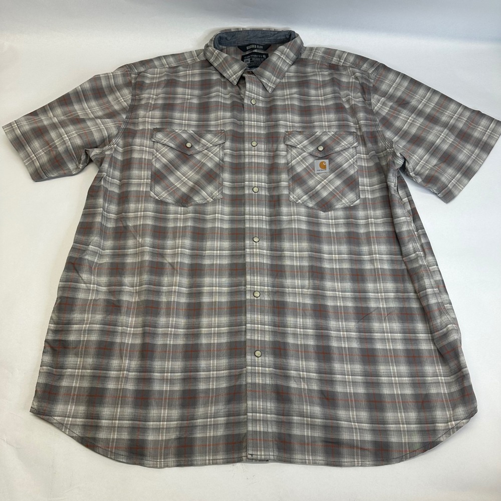 Carhartt Rugged Flex Plaid Short Sleeve Pearl Snap Shirt Mens 2XL Grey Orange